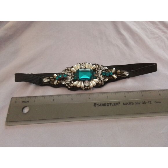 Elastic Black Headband With Turquoise & White Crystal Beads - Picture 2 of 2